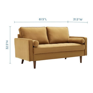 Vaspire Modern Cognac Velvet Performance Loveseat Brown sofa with dimensions labeled on a white background