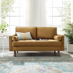 Vaspire Modern Cognac Velvet Performance Loveseat Brown sofa with cushions in a bright living room with large windows.