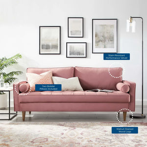 Vaspire Modern Dusty Rose Velvet Performance Sofa Pink sofa with cushions in a living room setting, featuring text labels on design elements.