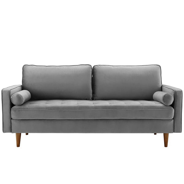 Vaspire Modern Gray Velvet Performance Sofa Gray sofa with wooden legs on a white background