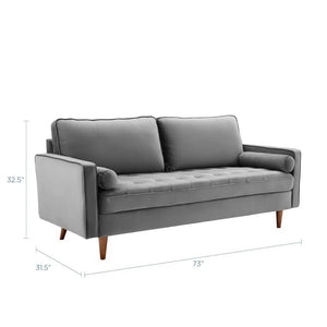 Vaspire Modern Gray Velvet Performance Sofa Gray sofa with dimensions on a white background