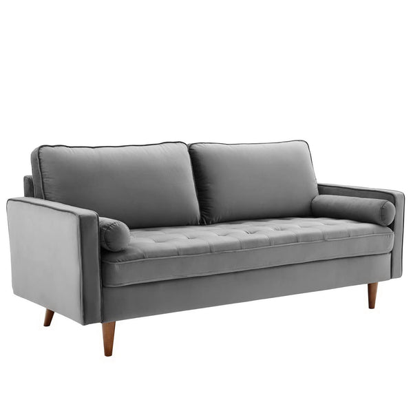 Vaspire Modern Gray Velvet Performance Sofa Gray sofa with wooden legs on a white background