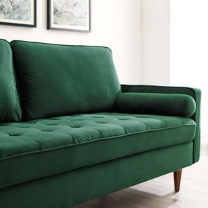 Vaspire Modern Green Velvet Performance Sofa Green sofa in a room with light-colored walls and flooring.