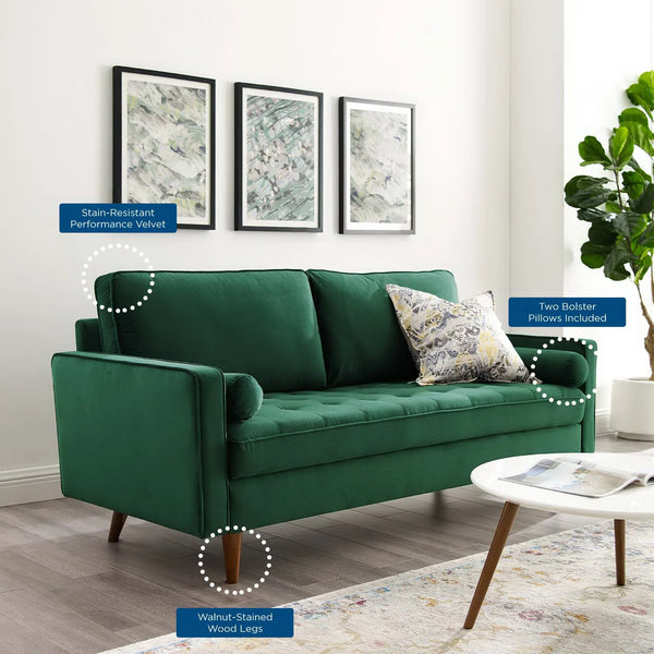 Vaspire Modern Green Velvet Performance Sofa Green sofa in a living room with decorative elements highlighted.