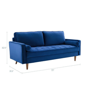 Vaspire Modern Navy Velvet Performance Sofa Blue sofa with dimensions on a white background