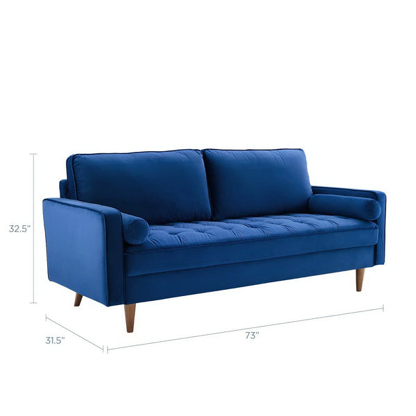 Vaspire Modern Navy Velvet Performance Sofa Blue sofa with dimensions on a white background