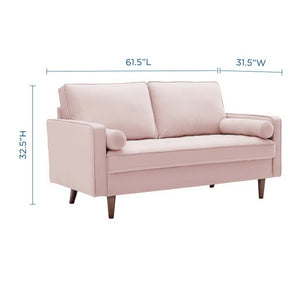 Vaspire Modern Pink Velvet Performance Loveseat Pink sofa with dimensions labeled on a white background