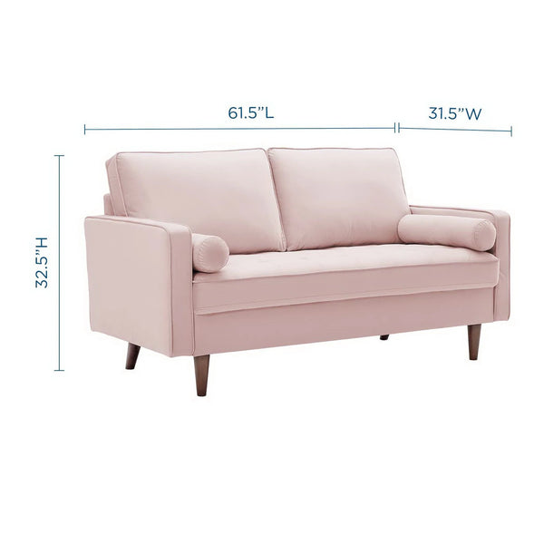 Vaspire Modern Pink Velvet Performance Loveseat Pink sofa with dimensions labeled on a white background