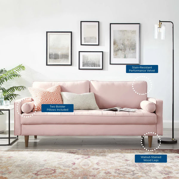 Vaspire Modern Pink Velvet Performance Sofa Pink sofa with bolster pillows in a living room setting, featuring text labels on features.
