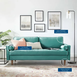 Vaspire Modern Teal Velvet Performance Sofa Teal sofa with cushions in a living room setting, featuring text labels on various parts of the sofa.