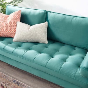 Vaspire Modern Teal Velvet Performance Sofa Turquoise sofa with decorative pillows on a neutral background