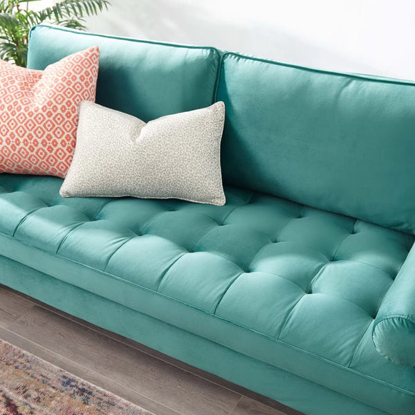 Vaspire Modern Teal Velvet Performance Sofa Turquoise sofa with decorative pillows on a neutral background
