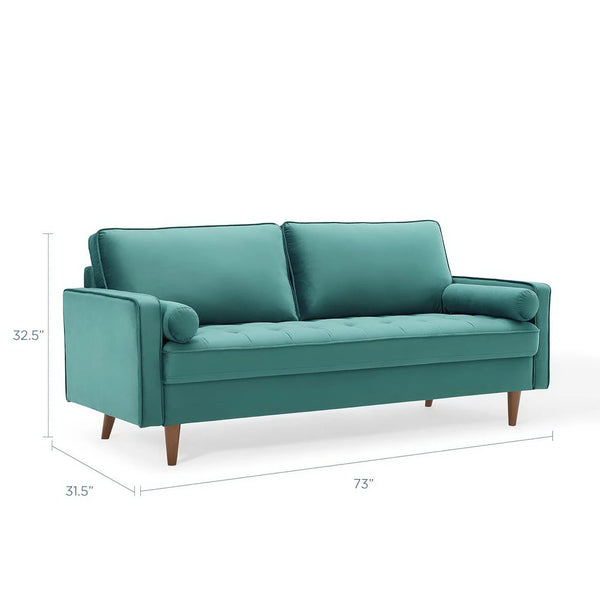 Vaspire Modern Teal Velvet Performance Sofa Teal sofa with dimensions on a white background