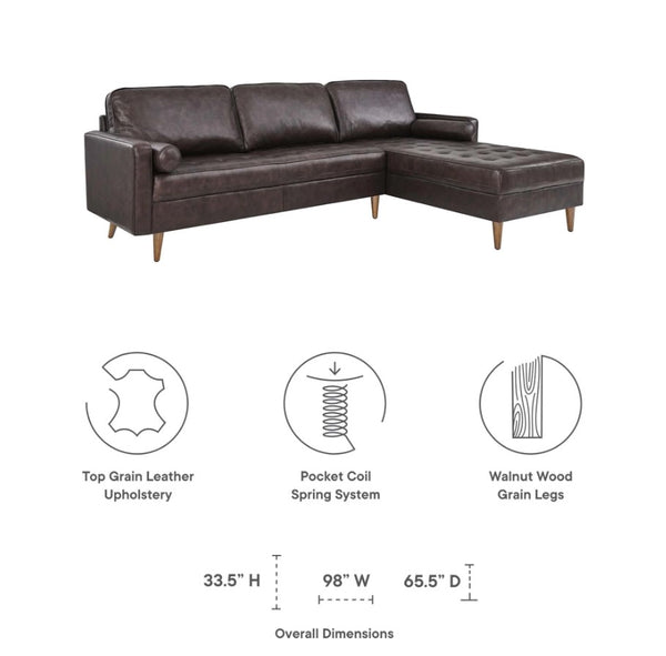 Brown modern leather sectional sofa with dimensions and feature icons on a white background