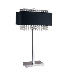 Vaya Rectangular Shade Table Lamp A modern table lamp with a black rectangular fabric shade, a polished silver metal stand, and hanging clear crystal prisms beneath the shade, shown on a plain white background.