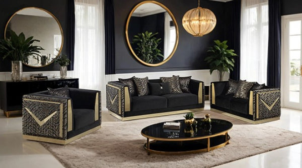 Vikki Black Gold Velvet Glam Sofa Modern living room with black and gold furniture, including a sofa, armchair, and coffee table.