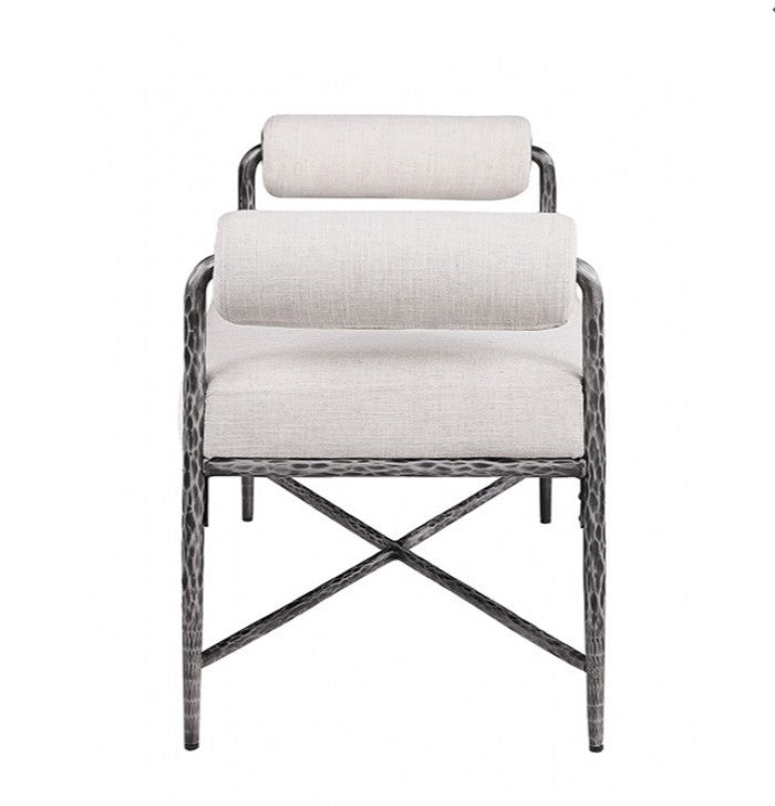 Vilber Gunmetal Silver Fully Upholstered Bench White bench with silver metal frame in a room with a window and rug.