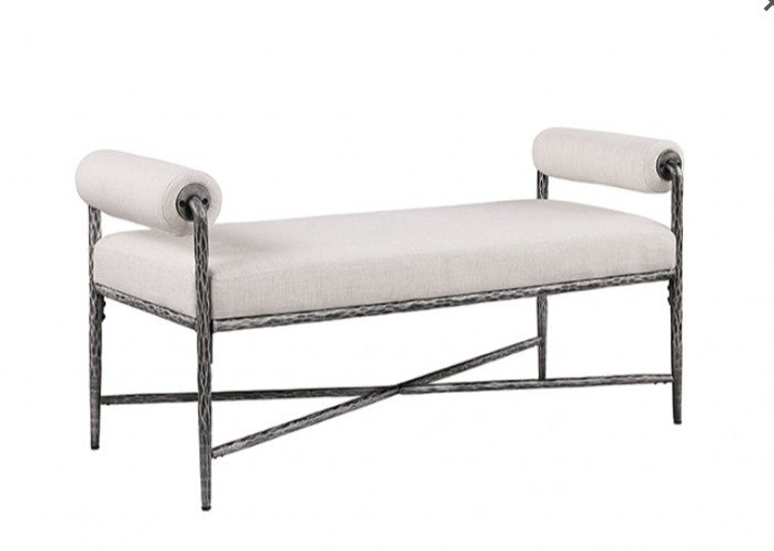 Vilber Gunmetal Silver Fully Upholstered Bench White bench with silver metal frame in a room with a window and rug.