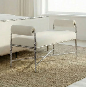 Vilber Gunmetal Silver Fully Upholstered Bench White bench with silver metal frame in a room with a window and rug.