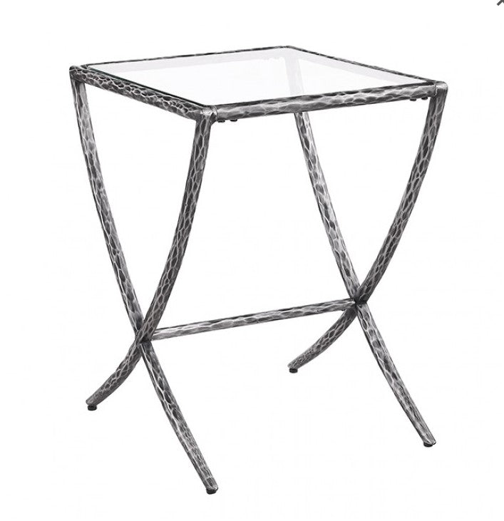 Vilber Gunmetal Silver Side Table Decorative side table with marble-like finish in a living room setting