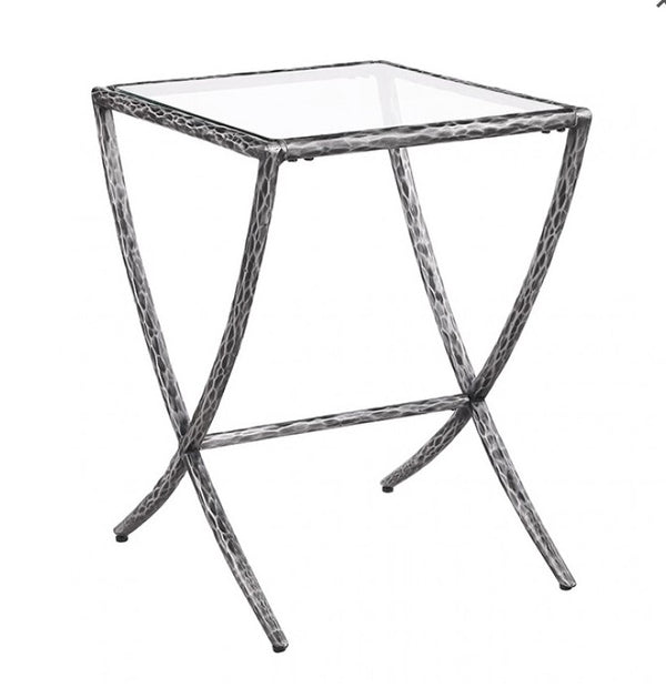 Vilber Gunmetal Silver Side Table Small glass table with metallic frame on a white background