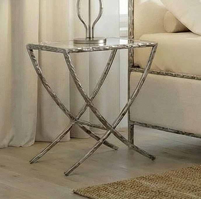 Vilber Gunmetal Silver Side Table Decorative side table with marble-like finish in a living room setting