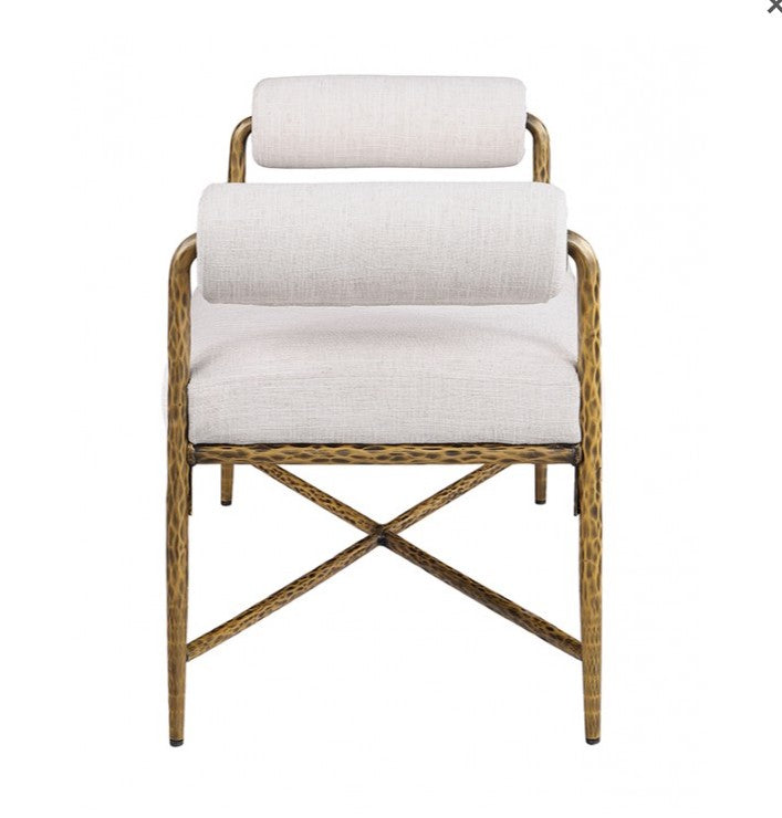 Vilber Matte Gold Bench Beige bench with gold frame in a room with a bed and window.