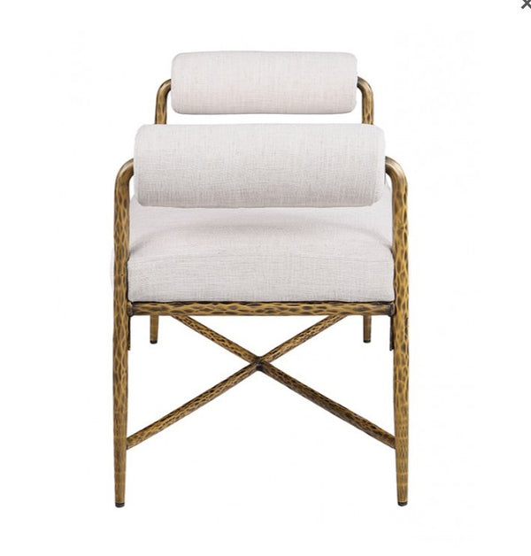 Vilber Matte Gold Bench Chair with white cushion and wicker frame on a white background