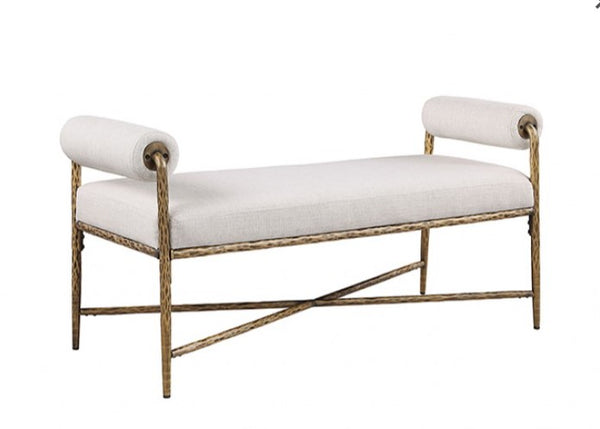 Vilber Matte Gold Bench White upholstered bench with gold metal frame on a white background