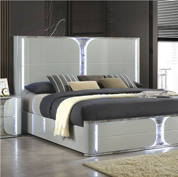 Vincenzo Modern High Gloss Finish LED Bed Modern bedroom with a silver bed frame and gray bedding.