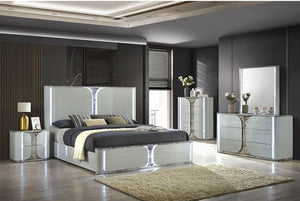 Vincenzo Modern High Gloss Finish LED Bed Modern bedroom with a large bed, nightstands, and dresser.