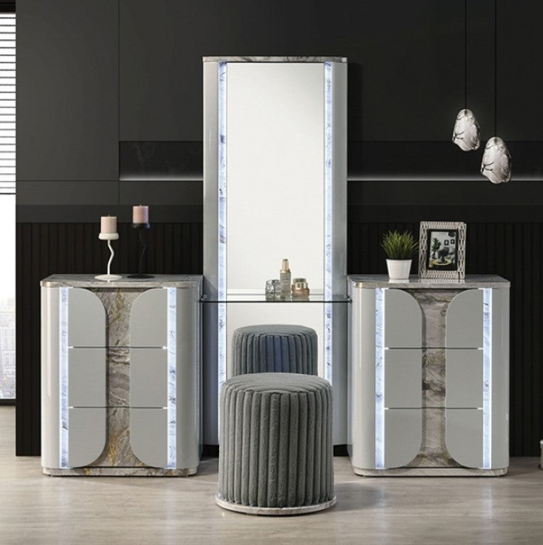 Vincenzo Modern High Gloss Finish Vanity Set Modern interior design with marble-textured furniture and gray stools.
