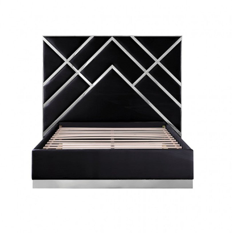 Violla Silver Black Glam Upholstered Bed A modern black bed frame with a geometric patterned headboard, styled in a contemporary bedroom with matching black nightstands, lamps, and a gray rug.