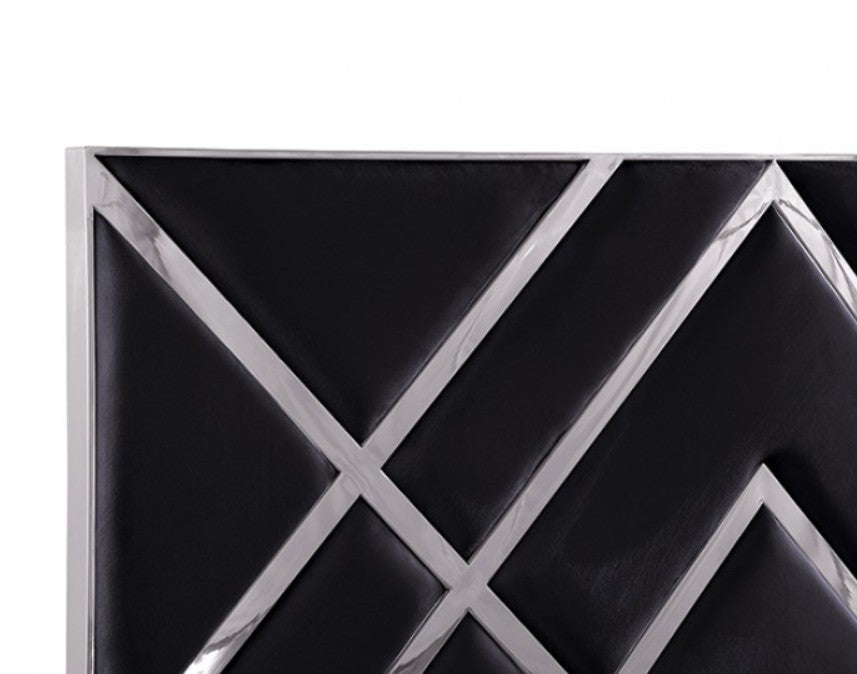 Violla Silver Black Glam Upholstered Bed A modern black bed frame with a geometric patterned headboard, styled in a contemporary bedroom with matching black nightstands, lamps, and a gray rug.