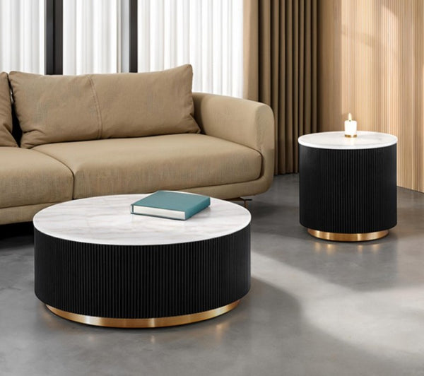 Virnan Genuine Marble Top Round Coffee Table Black White Set