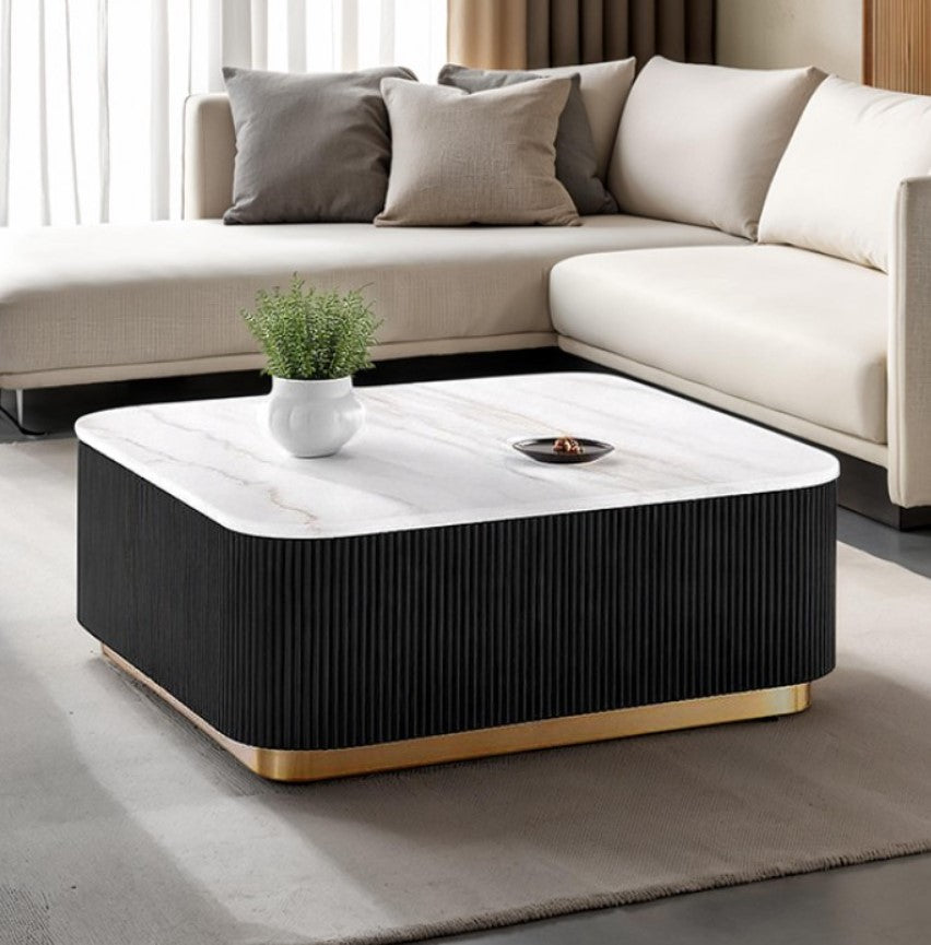 Virnan Genuine Marble Top Square Coffee Table Black White