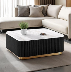 Virnan Genuine Marble Top Square Coffee Table Black White