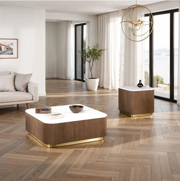 Modern living room with wooden coffee table and stylish decor