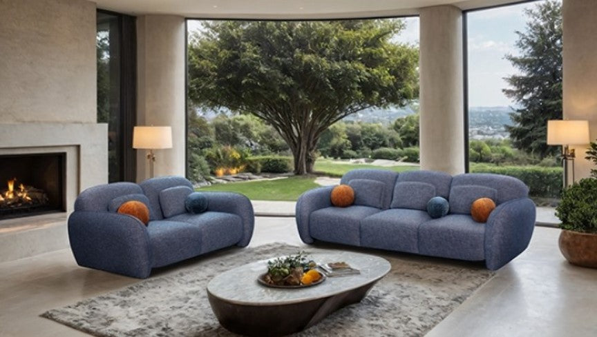 Vitally Chenille Fabric Curved Arm Sofa – Denim Blue