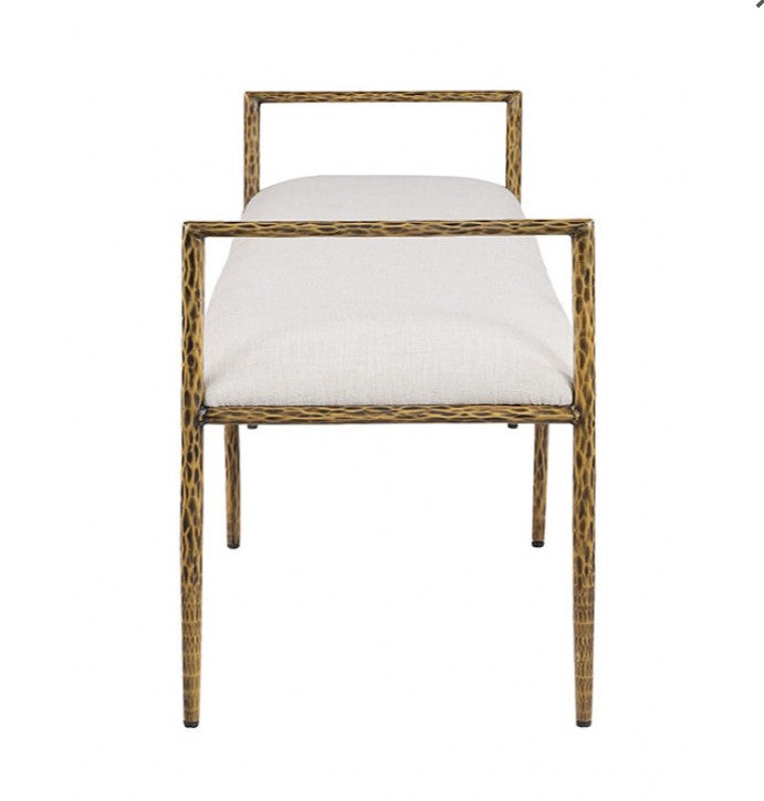 Vladi Contemporary Style Fully Upholstered Bench White bench with gold frame in a room with curtains and rug