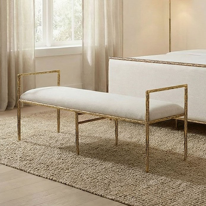 Vladi Contemporary Style Fully Upholstered Bench White bench with gold frame in a room with curtains and rug