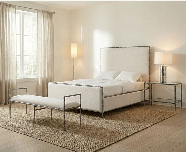 Vladi Contemporary Style Upholstered Bench Silver White bench with metal frame in a room with a couch and window.