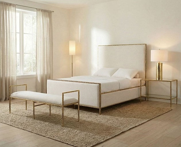 Vladi Contemporary Style Fully Upholstered Bench White bench with gold frame in a room with curtains and rug