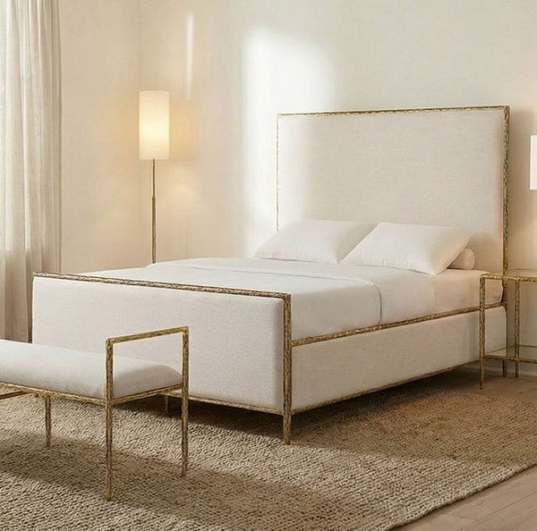 Vladi Contemporary Style Fully Upholstered Bed Neatly made bed with white bedding and gold headboard in a bedroom setting.