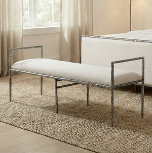 Vladi Contemporary Style Upholstered Bench Silver White bench with metal frame in a room with a couch and window.