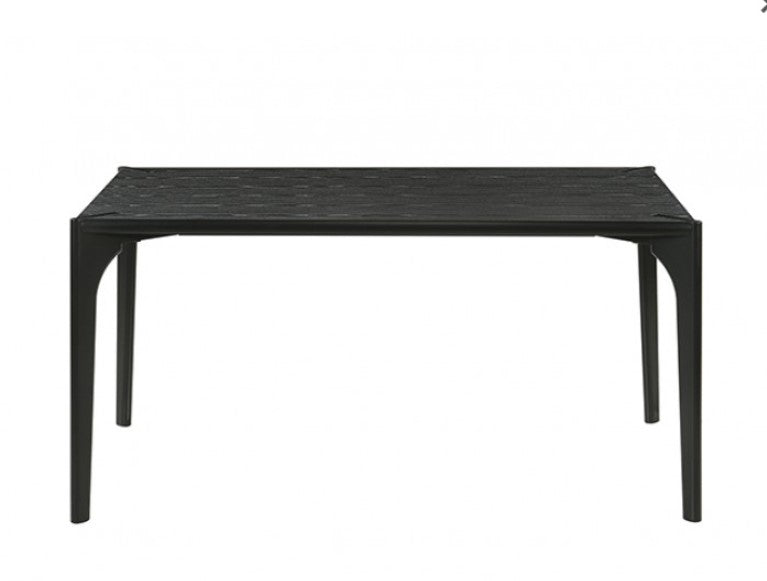 Waldo Transitional Style Black Dining Table Dining room with a black table and gray chairs on a light rug.
