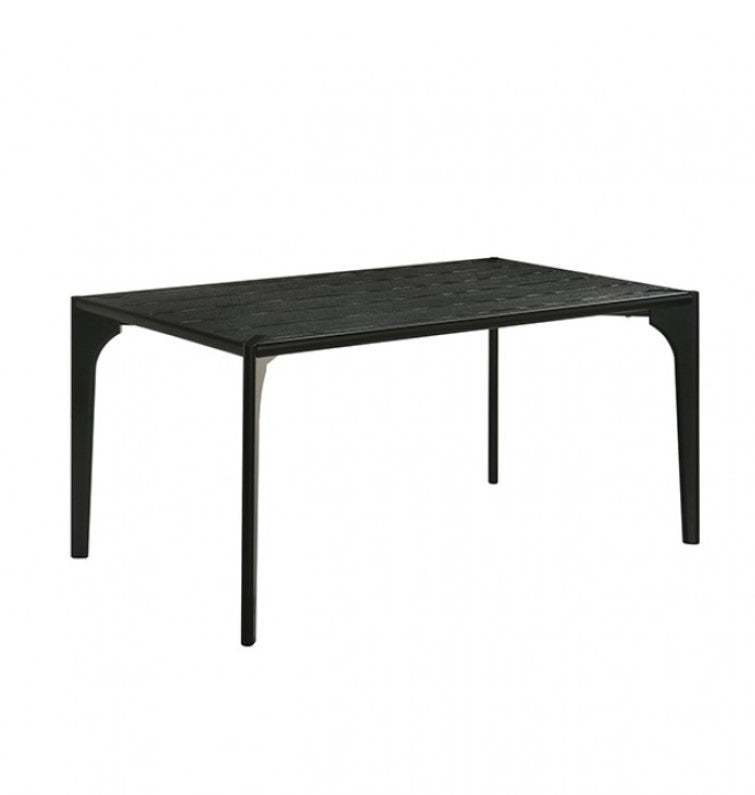 Waldo Transitional Style Black Dining Table Dining room with a black table and gray chairs on a light rug.