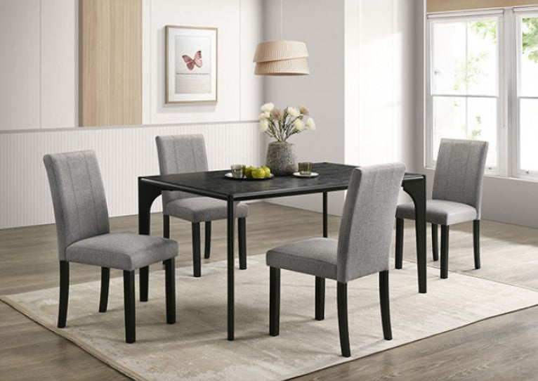 Waldo Transitional Style Black Dining Table Dining room with a black table and gray chairs on a light rug.