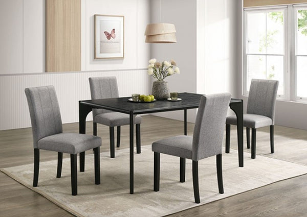 Waldo Transitional Style Black Dining Table Dining room with a black table and gray chairs on a light rug.