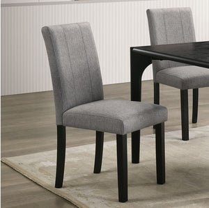 Waldo Transitional Style Black Gray Dining Chair Gray upholstered dining chair with black legs in a room setting.